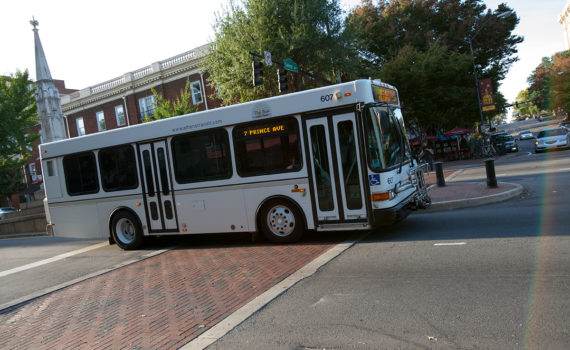 A Route 7 - Prince Avenue bus rolls through down on Broad Street